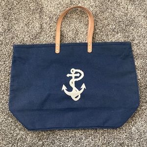 NEW! Heavy Duty Burlap Tote Leather Handle Nautical Interior Pocket Navy Ivory